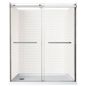 Double Roller 60 in. L x 32 in. W x 78 in. H Left Drain Alcove Shower Stall Kit in White Subway and Silver Hardware