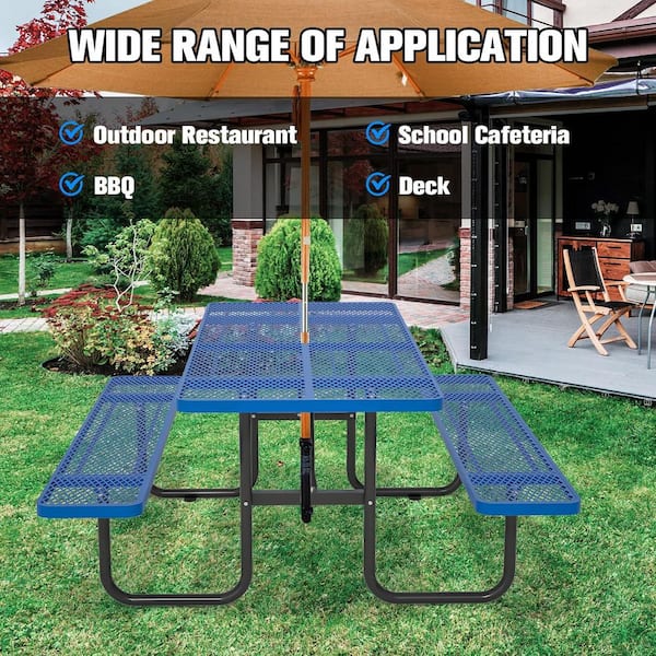 72.2 in. Blue Rectangular Outdoor Steel Picnic Table with Umbrella Hole and 2 Built-in Benches