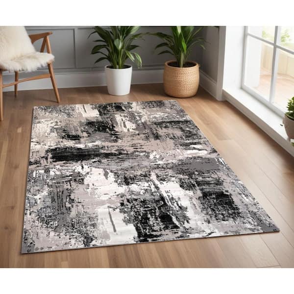 4 ft. x 6 ft. Black Gray and Beige Abstract Area Rug