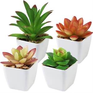 Green Mini Artificial Succulents Plants with White Pots for Home Decor (Set of 4)