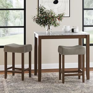 Viktor Three Piece Dining Set Kitchen Pub Table White Marble Top, Dark Brown Solid Wood Base, Light Gray Fabric Seat