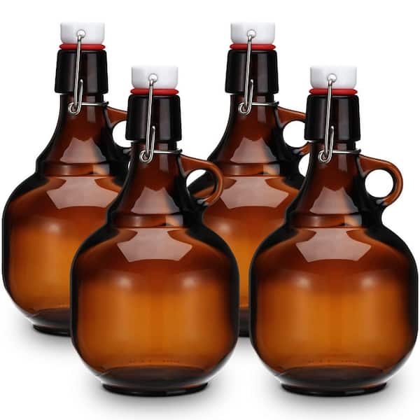 4-Pack 34 oz. Brown Glass Beer Growler, Beer Bottles Glass Jar with Lid, Crafted from Quality Glass Material