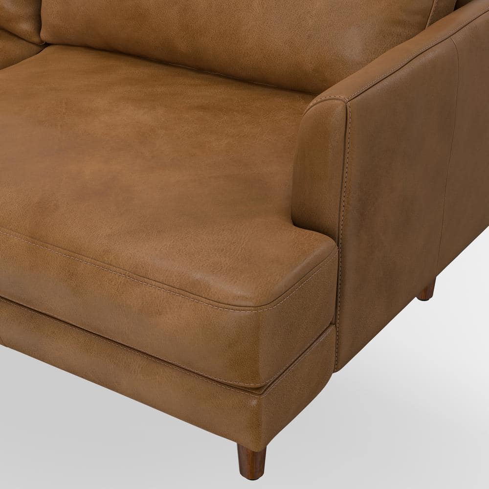 Caramel Brown Genuine Leather Mid-Century Modern Sofa with Removable Cushions