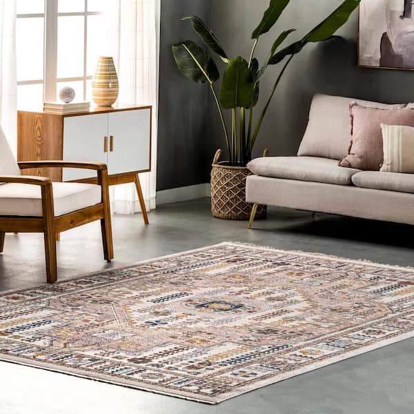 3 ft. x 5 ft. Beige Jocelyn Global Inspired Medallion Fringe Area Rug