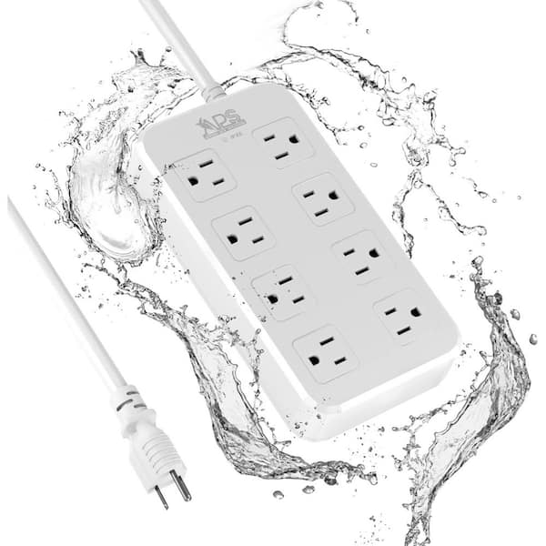 6 ft. 8 Wide-Spaced-Outlets, IPX6 Waterproof Surge Protector Power Strip, Outdoor Extension Cord, Output of 1875W, White