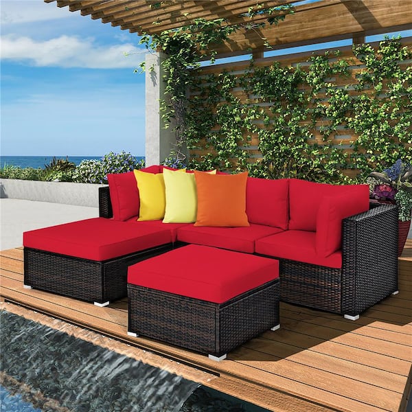 5-Piece Wicker Patio Conversation Sectional Seating Set with Red Cushions