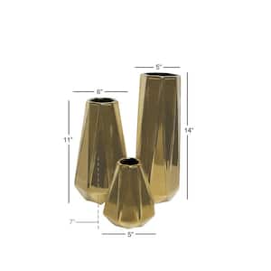 14 in., 11 in., 7 in. Gold Geometric Ceramic Decorative Vase (Set of 3)