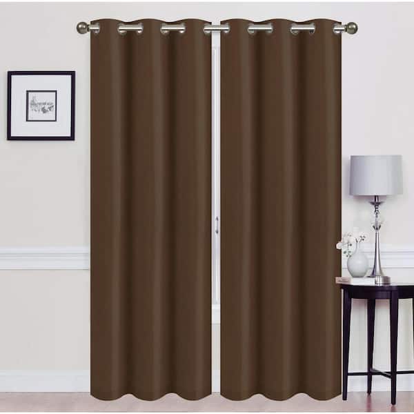 J&V TEXTILES Madonna Coffee Solid Polyester Thermal 76 in. W x 84 in. L Grommet Blackout Curtain Panel (2-Set)