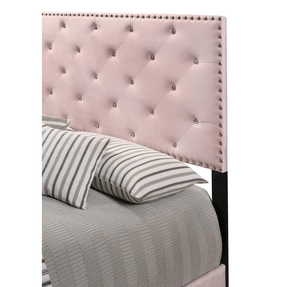 Suffolk Pink Velvet Upholstered Queen Panel Bed with Nailhead Trim