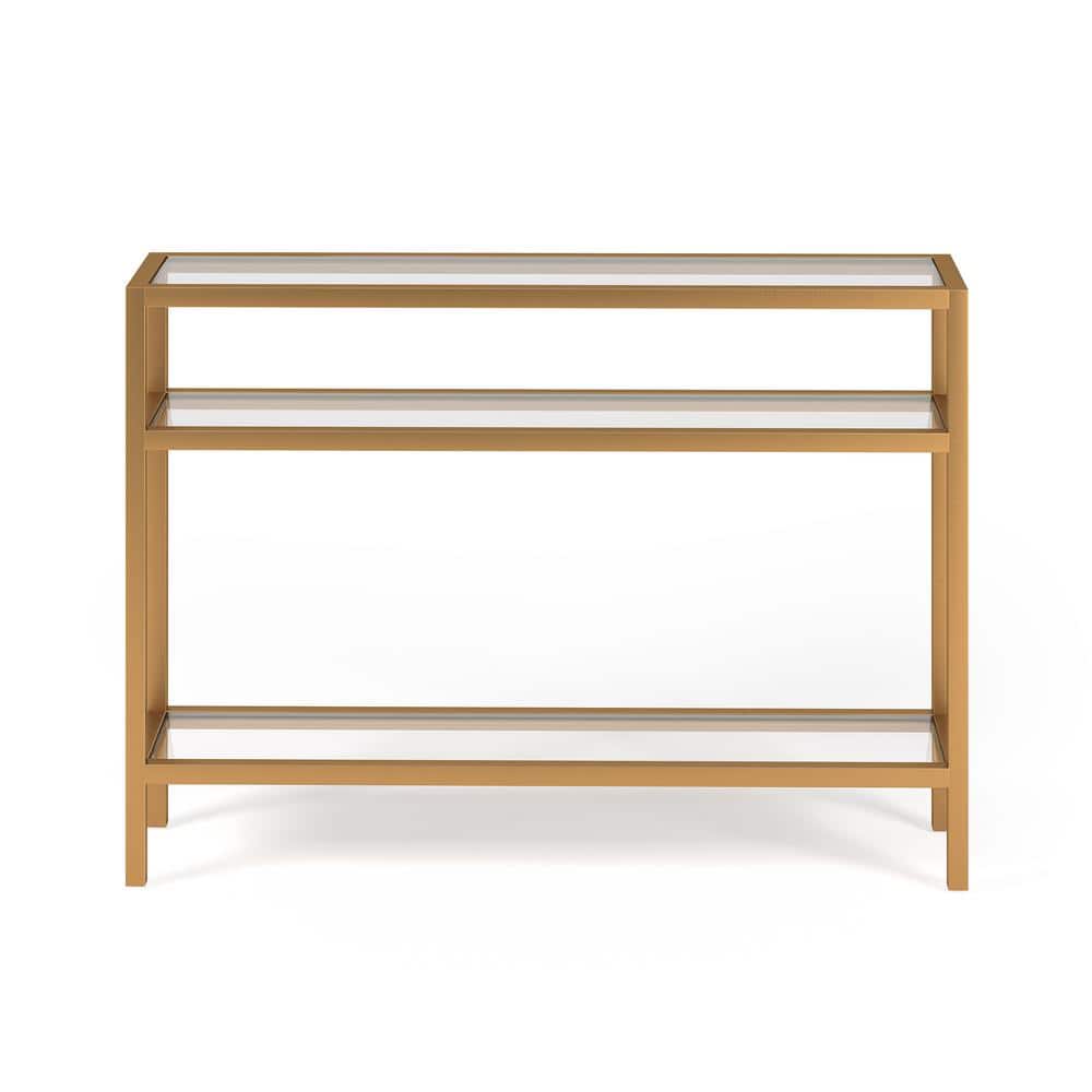 Brass Finish Metal and Glass Console Table with Storage