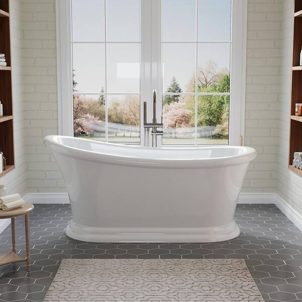 York 67 in. x 29 in. Acrylic Flat Bottom Retro Roll Top Oval Soaking Bathtub with Bathtub Drain in Glossy White