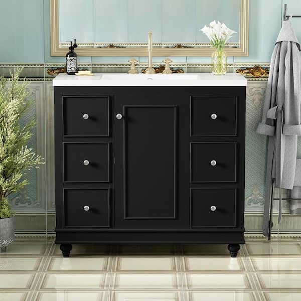 EPOWP 36 in. Single Sink Freestanding White Bath Vanity with Black Resin Top and 5-Drawer Storage Cabinet Unassembled