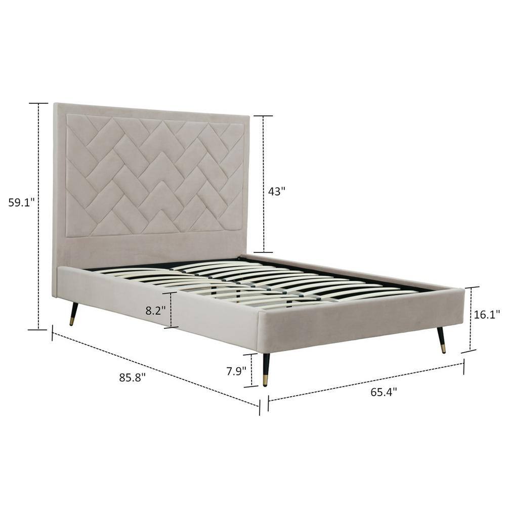 Queen Cream Velvet Upholstered Bed with Chevron Headboard