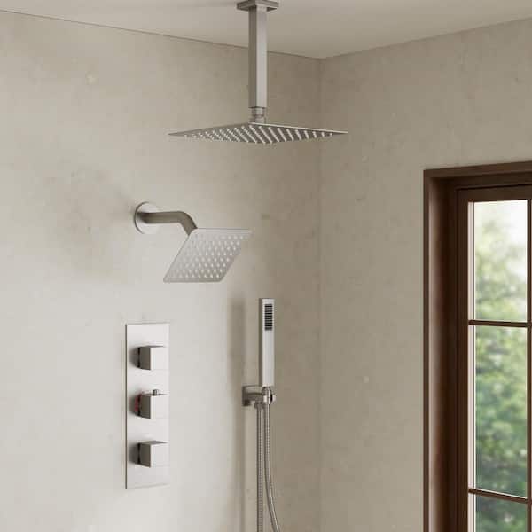 YAWWALK Thermostatic 5-Spray 12 in. Ceiling Mount Dual Shower Head and Handheld Shower in Brushed Nickel (Valve Included)