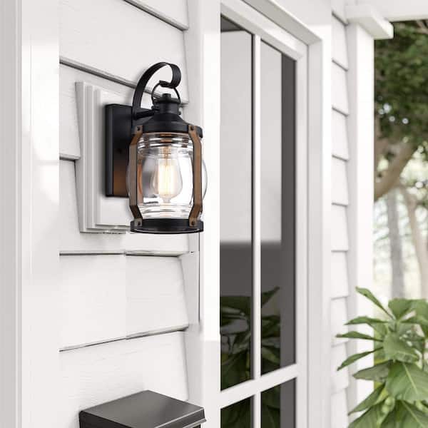 Retro 11.8 in.1-Light Matte Black and Barnwood Accents Outdoor Wall Lantern Sconce with Clear Glass（2-Pack）