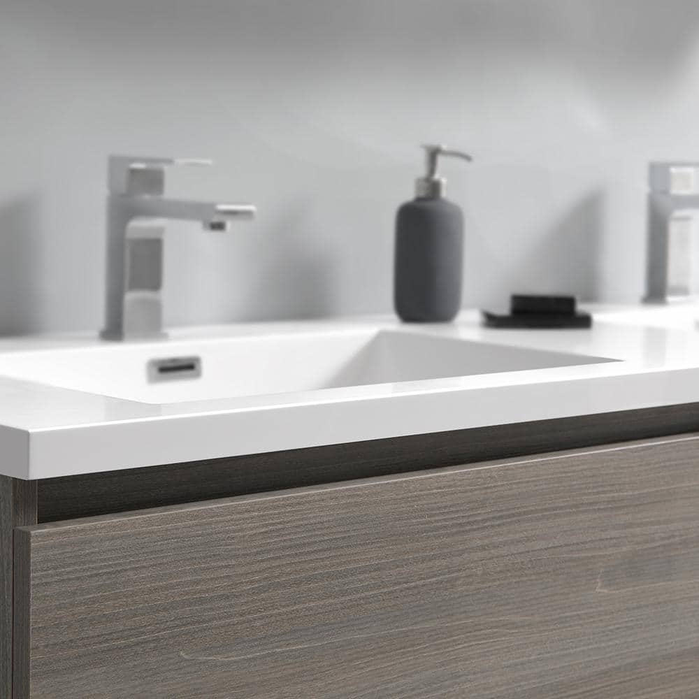 Gray Wood 72" Freestanding Double Sink Bathroom Vanity with Acrylic Top