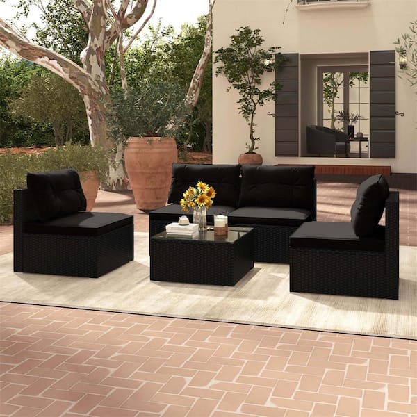 Costway 5-Piece Wicker Patio Conversation Set with Tempered Glass Tabletop and Seat and Back Black Cushions