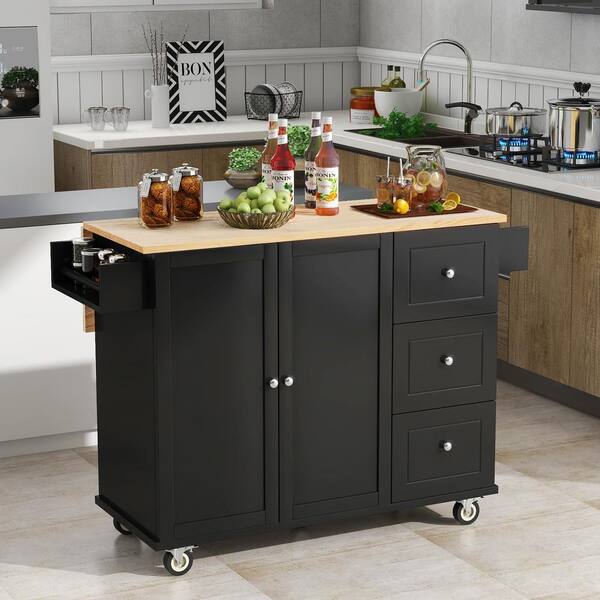 Tileon Black Kitchen Island Rolling Cart Wood Top and Locking