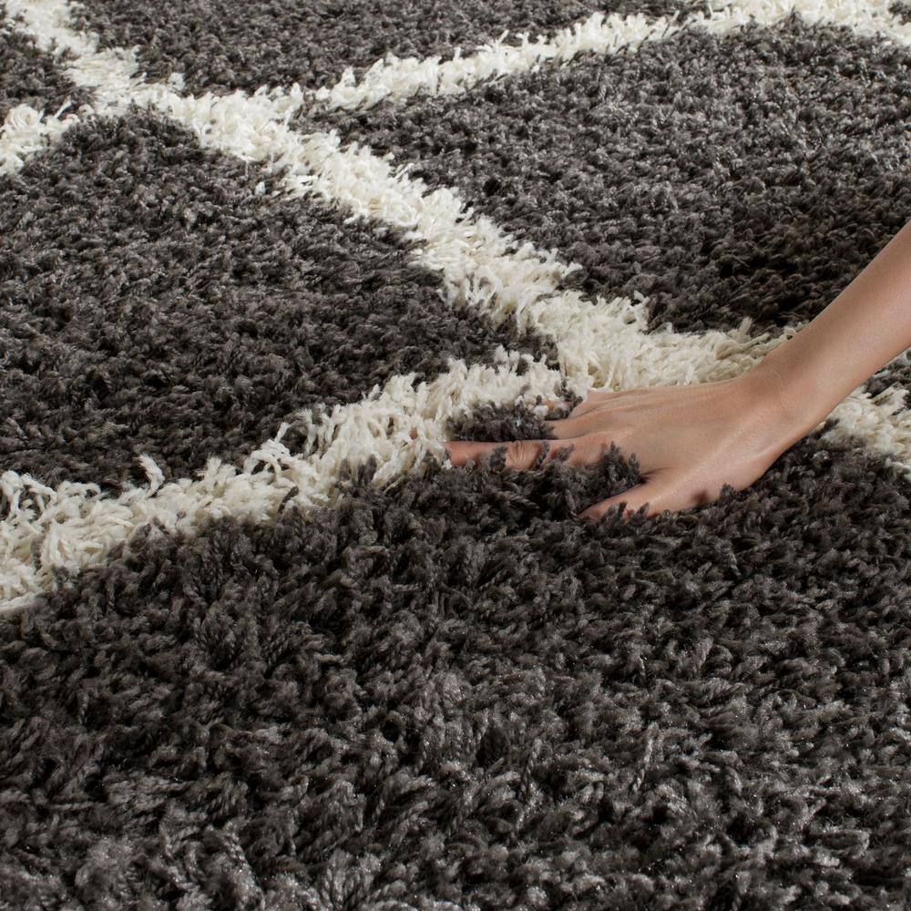 Ivory and Dark Grey High Pile Shag Synthetic Area Rug, 10' x 14'