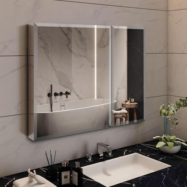 WELLFOR 30 in. W x 26 in. H Rectangular Aluminium Recessed/Surface Mount 2-Door Medicine Cabinet with Mirror, Silver