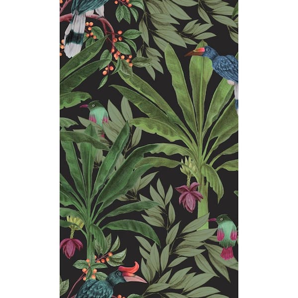 Walls Republic Black and Jungle Green Tropical Jungle Leaves Print Non-Woven Non-Pasted Textured Wallpaper 57 sq. ft.
