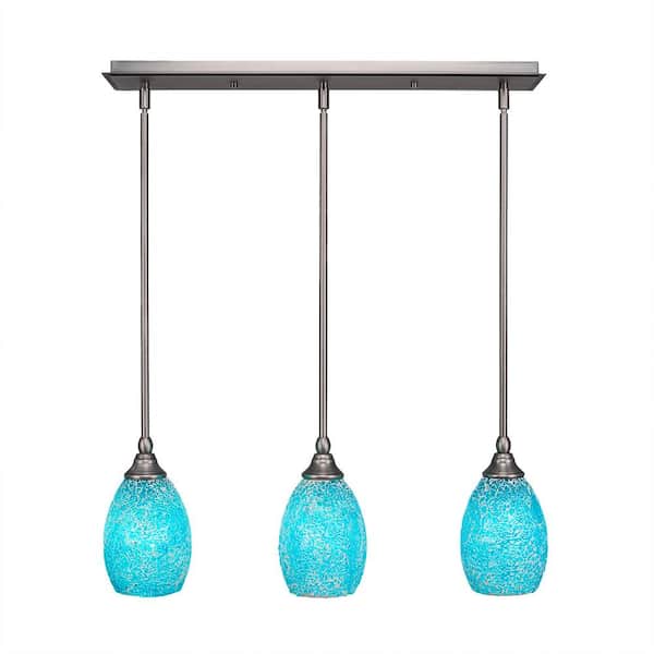 Unbranded Livingston 100-Watt 3 Light Nickel, Linear Pendant Light with 5 in. Turquoise Fusion Glass Shade, No Bulbs Included