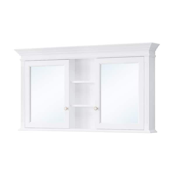 55 in. W x 30 in. H Rectangular Handmade Solid Wood Medicine Cabinet with Mirror and Soft-close Door, White, Double Door