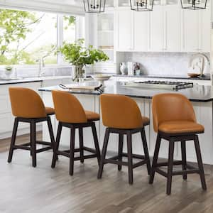 26 in. Whiskey Brown Wood Frame Fabric Swivel Cushioned Bar Stool, Swivel Counter Stool (Set of 4)