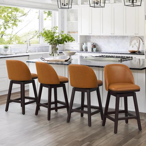 OrangeOne 26 in. Whiskey Brown Wood Frame Fabric Swivel Cushioned Bar Stool, Swivel Counter Stool (Set of 4)