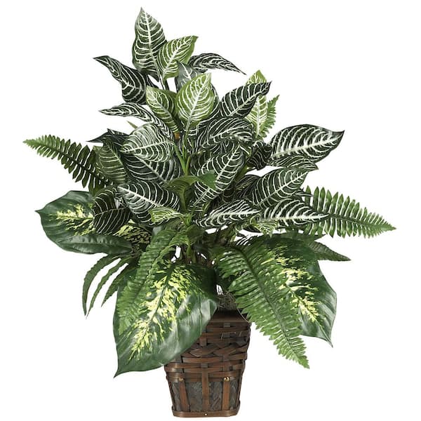 Nearly Natural Artificial Mixed Greens Zebra with Wicker Silk Plant