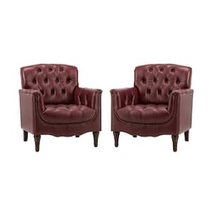 Elijah Traditional Burgundy Genuine Leather Button-tufted Armchair with Luxury Style and Solid Wood Legs (Set of 2)