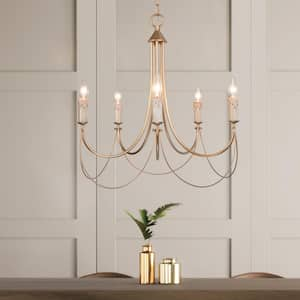 Modern Satin Gold French Country Farmhouse 5-Light Chandelier Vintage Candlestick High Ceiling Light