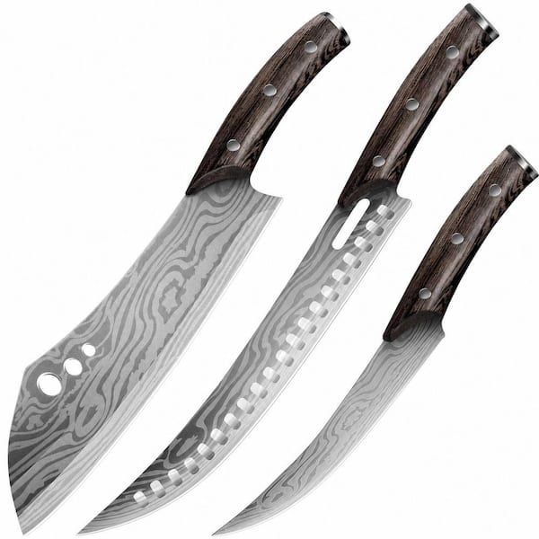 3PCS High Carbon Steel Full Tang Meat Cleaver Chef Knife with Wenge Wood Handle, Boning and Slicing Set Steak Knives