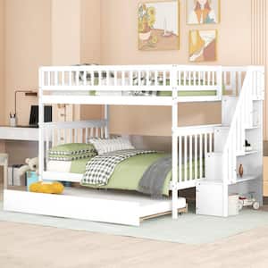 Full Over Full Bunk Bed with Trundle and Stairs,Detachable Wood Bunk bed Frame with Storage Shelves for Kids Teens,White