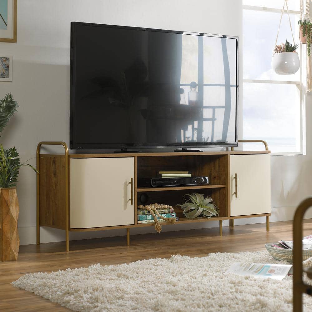 Sindoori Mango and Ivory Mid-Century Modern TV Stand with Cabinet