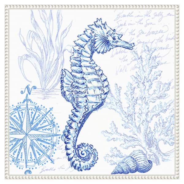 Amanti Art Coastal Sketchbook Sea Horse by Tre Sorelle Studios 22 in. W x 22 in. H. Canvas Wall Art Print Framed in White