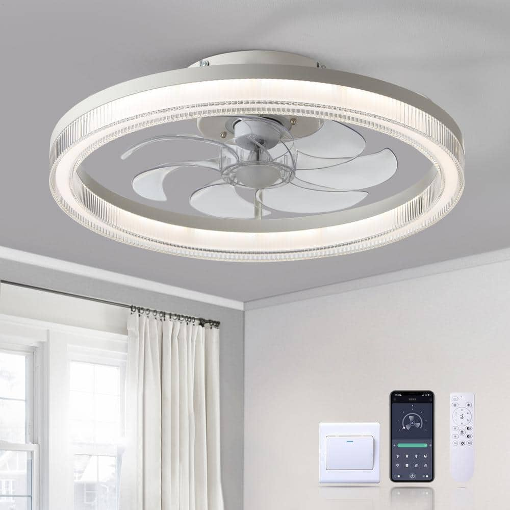 FANNEHONNE 20 in. LED Indoor White Low Profile Flush Mount Ceiling Fan ...