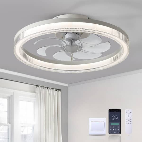 FANNEHONNE 20 in. LED Indoor White Low Profile Flush Mount Ceiling Fan with Light Remote Control for Bedroom