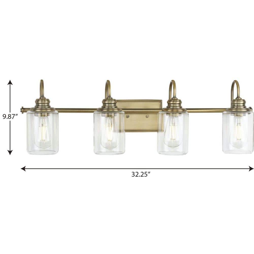 Aiken Vintage Brass 4-Light Bath Vanity with Clear Glass Shades