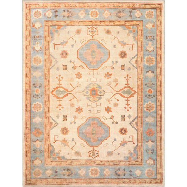 Ushak Fethiye Vintage, Medallion, Pastel, Beige 9 ft. 10 in. x 13 ft. Area Rug