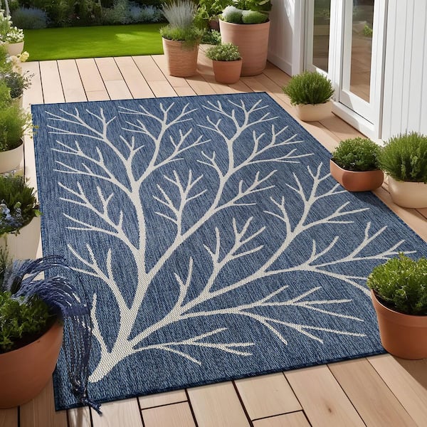 Flora Blue 10 ft. x 14 ft. Coral Branch Washable Indoor Outdoor Area Rug