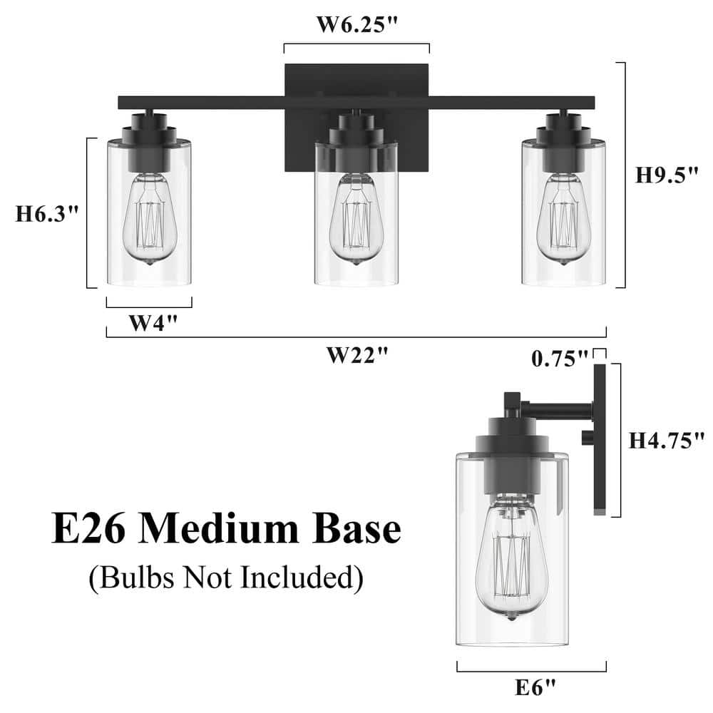 Black 3-Light Modern Cylinder Vanity Light with Glass Shades