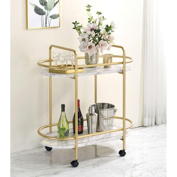 Ashney 2-Shelf Gold Coating and White Serving Cart