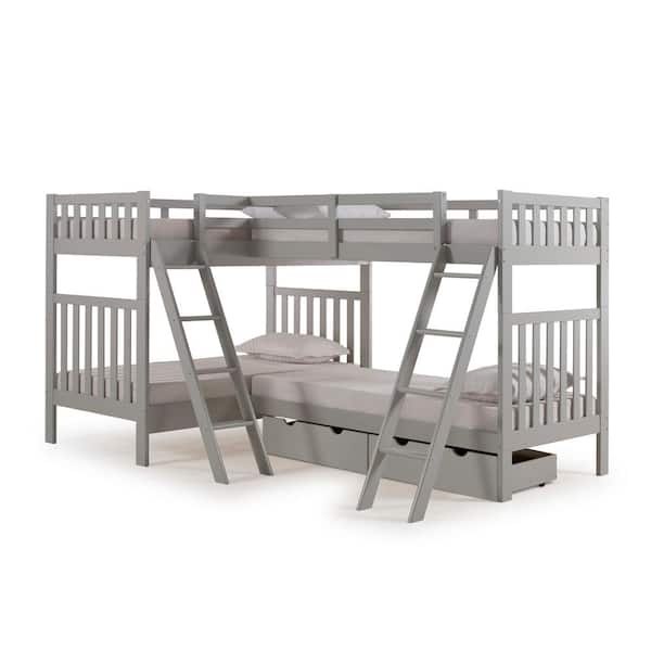 Alaterre Furniture Aurora Dove Gray Twin Over Twin Bunk Bed with Quad-Bunk Extension and Storage Drawers