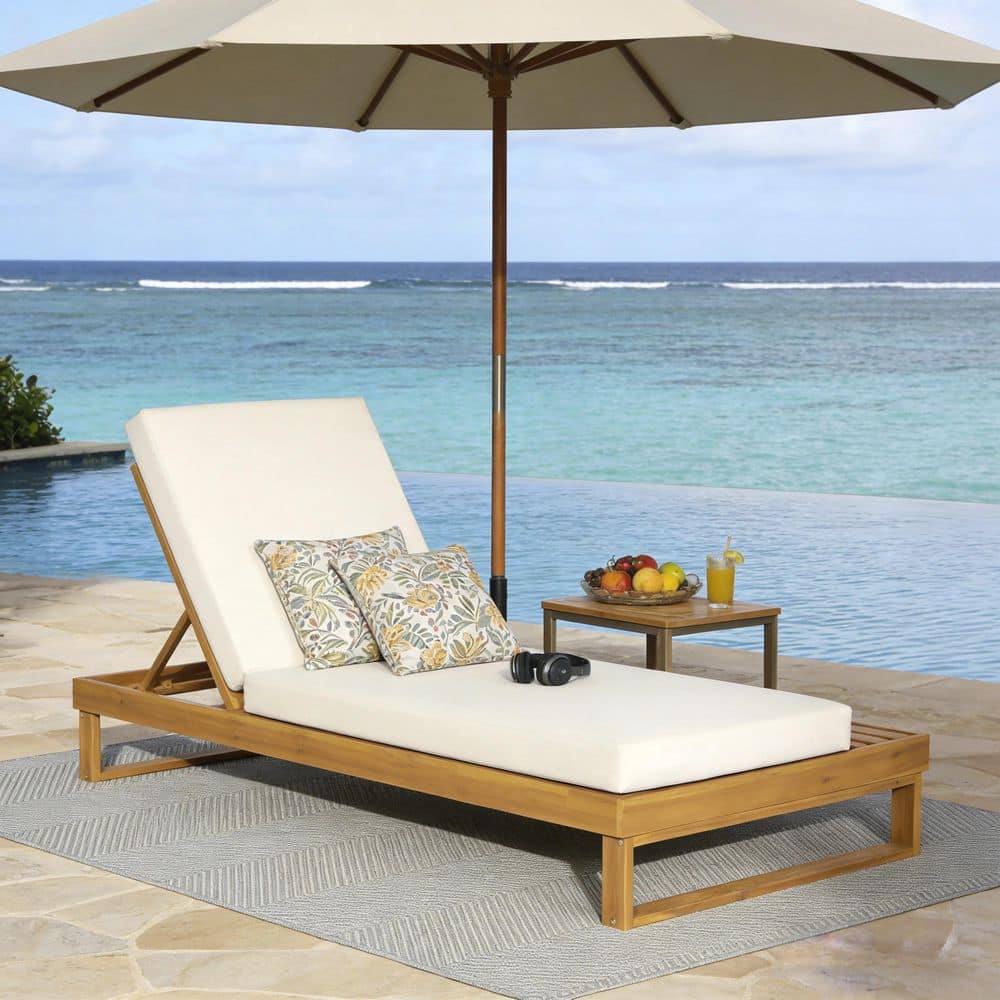 Percival Teak Finish Solid Wood Adjustable Outdoor Chaise Lounge with Cream Cushions, 4-Position Recliner