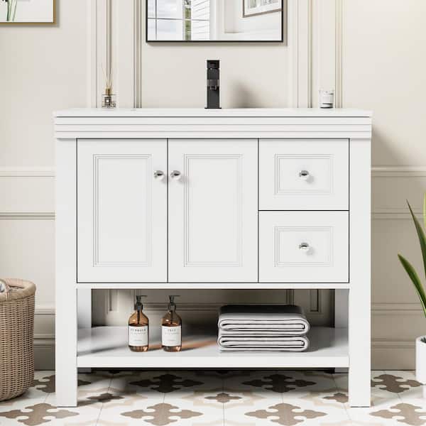 36 in. W x 17.7 in. D Single Sink Freestanding White Bath Vanity with White Integrated Resin Top and Drain Faucet Set