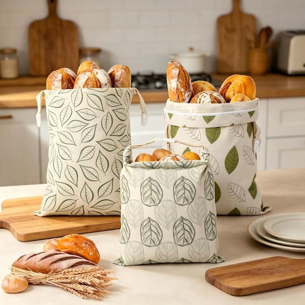 3-Piece Reusable Linen Bread Bags Set, Breathable Fresh-Keeping Storage with Zipper and Roll-Up Buckle for Sourdough