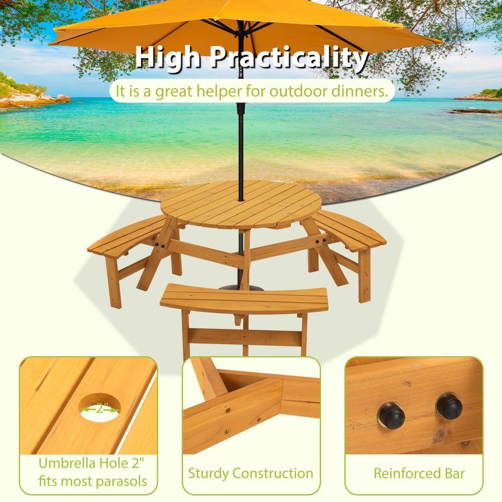  67 in. Yellow 6-Person Circular Outdoor Wooden Picnic Table for Patio, Backyard, Garden, DIY  with3 Built-in Benches