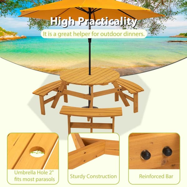 Unbranded 67 in. Yellow 6-Person Circular Outdoor Wooden Picnic Table for Patio, Backyard, Garden, DIY  with3 Built-in Benches