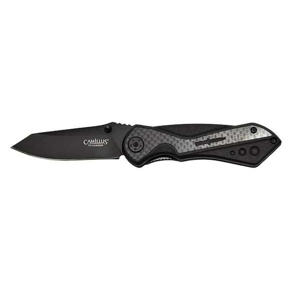 Camillus Machine 2.75 in. Carbonitride Titanium Drop Point Straight Edge Folding Knife, Quick Launch Bearing System, Black Handle
